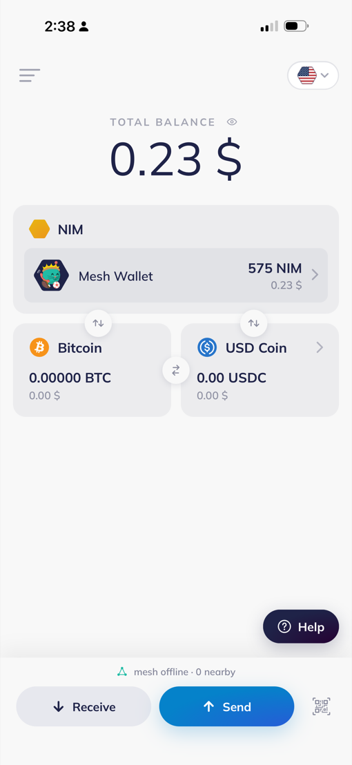 The NIMmesh wallet home screen holding 575 NIM, with a status line reading mesh offline, 0 nearby.